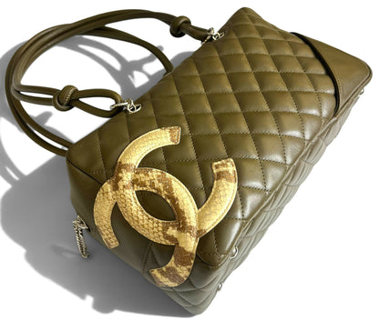 Chanel 2005 Large Ligne Cambon Hunter Green Python CC Bowler Bag Tote