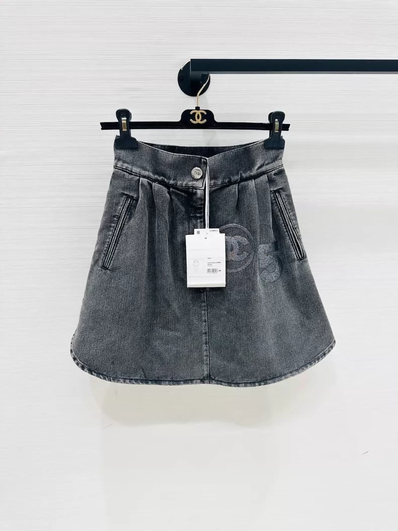 Chanel washed grey logo denim skirt, F34,