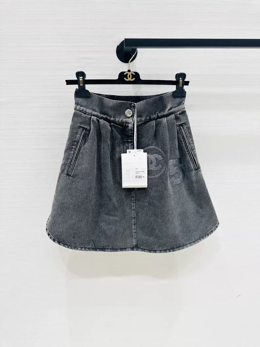 Chanel washed grey logo denim skirt
