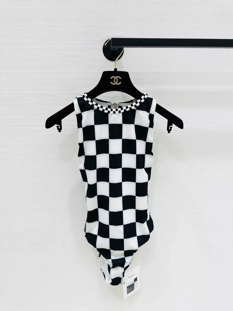 Chanel 23C black and white checkered swimsuit