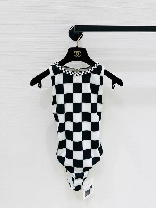Chanel 23C black and white checkered swimsuit
