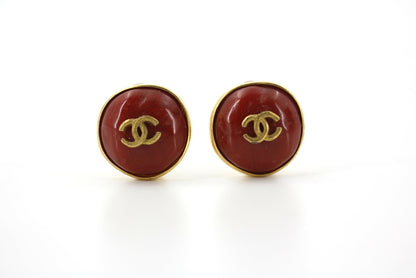 Chanel Vintage 98P Imitation Beeswax Red & Gold-Tone CC Clip-On Earrings