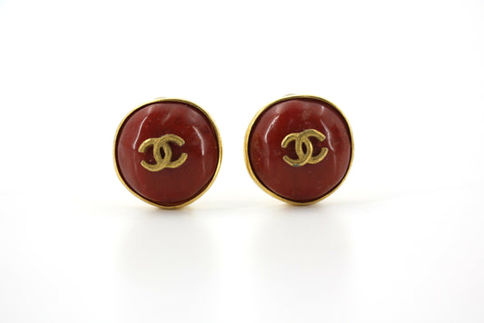 Chanel Vintage 98P Imitation Beeswax Red & Gold-Tone CC Clip-On Earrings