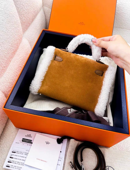 HERMÈS KELLY MINI TEDDY PLUSH SHEARLING CHAMOIS/ECRU/ALEZAN PALLADIUM HARDWARE