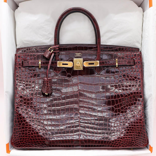 Hermes Birkin 40 Bordeaux shiny porosus crocodile leather gold hardware