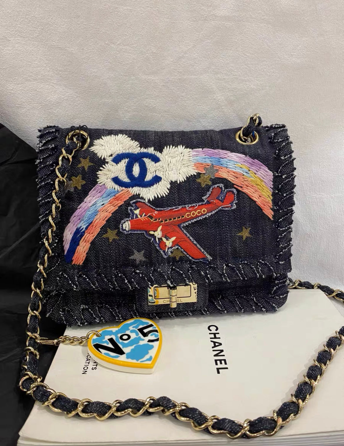 CHANEL 2006 VINTAGE NIGHT FLIGHT DENIM REISSUE AIRPLANE RAINBOW BAG 24K GHW