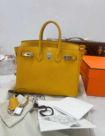 Hermes Birkin 25 Jaune Ambre Togo leather Palladium hardware B Stamp