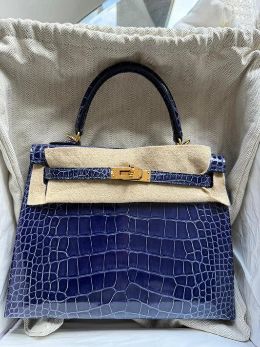 Hermes Kelly 25 Blue Encre shiny crocodile Gold Hardware