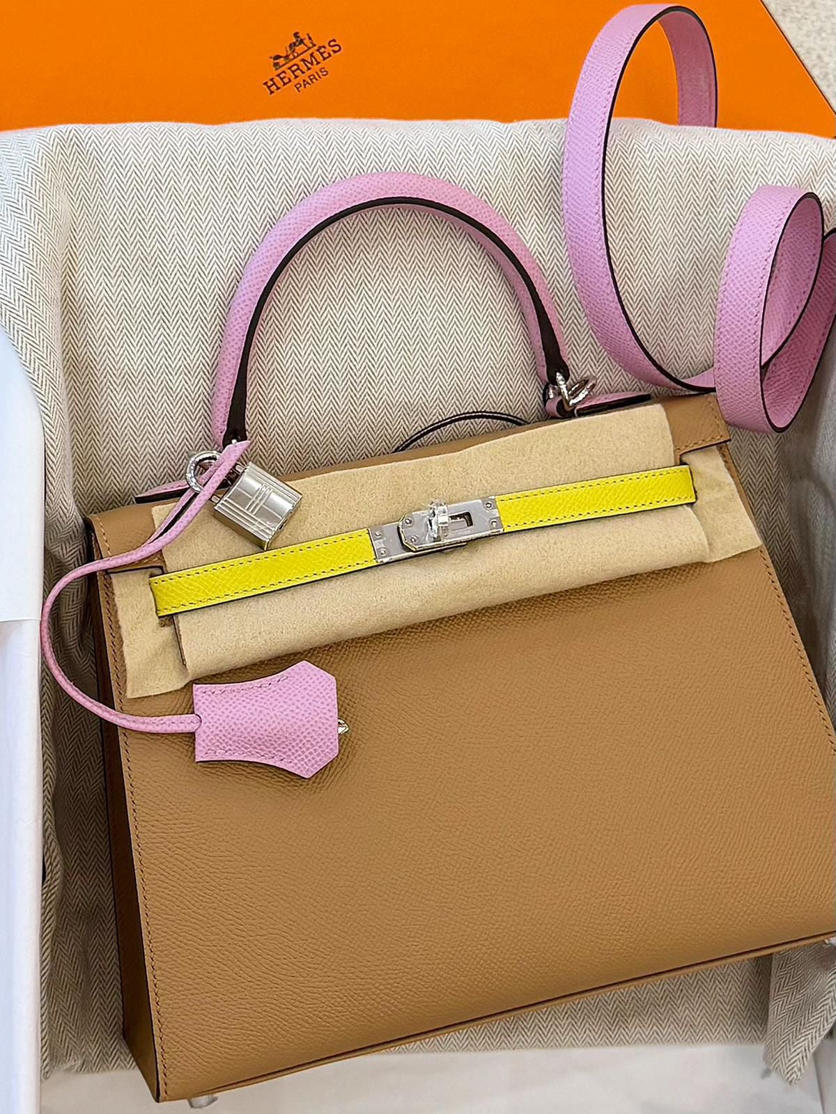 Hermes Kelly 25 Tricolor Chai/ Lime / Mauve Sylestre Epsom Palladium hardware