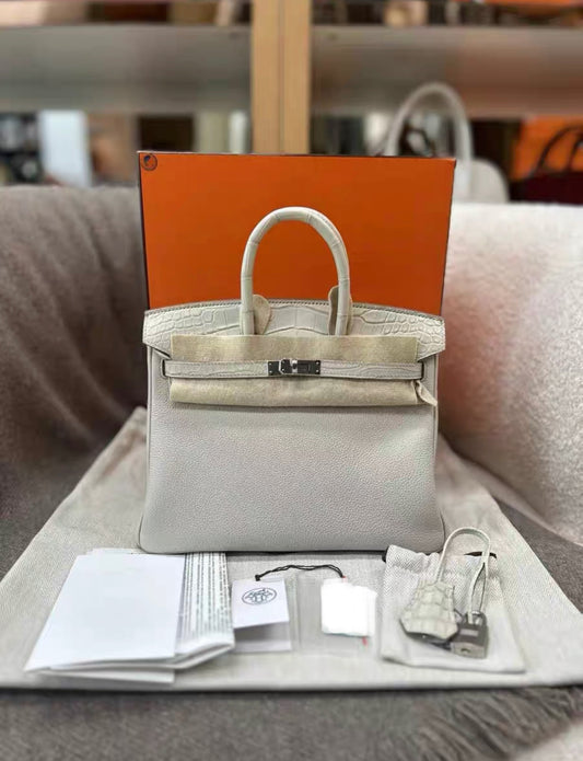 HERMÈS Birkin 25 Touch Beton (8L) Togo Matte Alligator Palladium hardware Stamp B