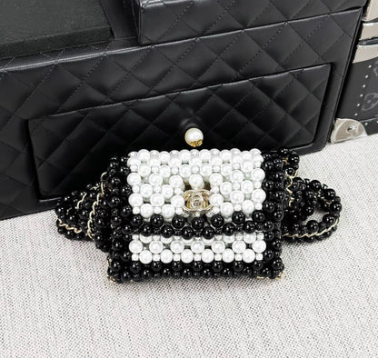 CHANEL 2022 SS WHITE & BLACK FAUX PEARLS MINI FLAP EVENING BAG WITH GOLD HARDWARE