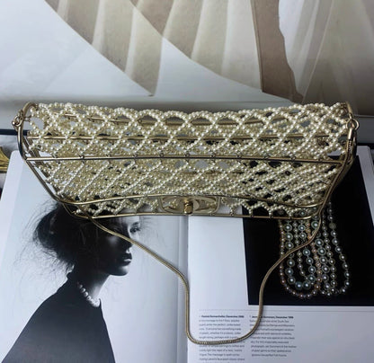 Rare Chanel Pearl Cage Classic Flap Bag Ivory Faux Pearls, Silk with Pale Gold-Tone Hardware