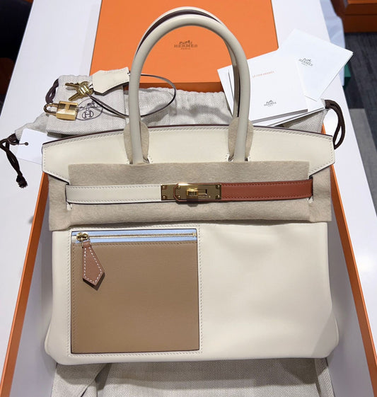 Hermes Birkin 30 Colormatic Nata/Chai/Cuivre/Bleu Brume Swift Gold Hardware
