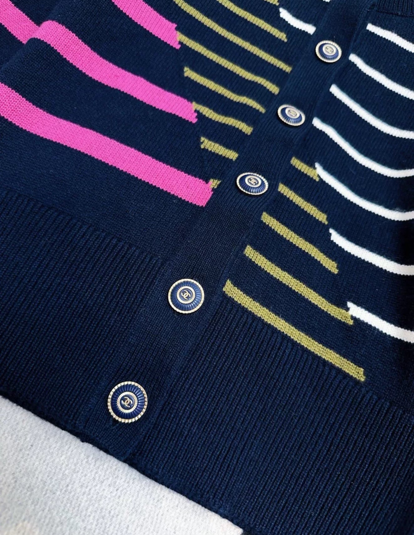 Chanel 20C Station Navy Blue Patched Striped Knitted Cardigan Jacket