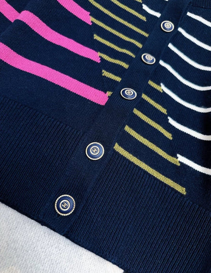 Chanel 20C Station Navy Blue Patched Striped Knitted Cardigan Jacket