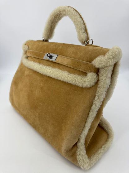 Hermes Kelly 40 Veau Doblis Suede Shearling Teddy Palladium Hardware
