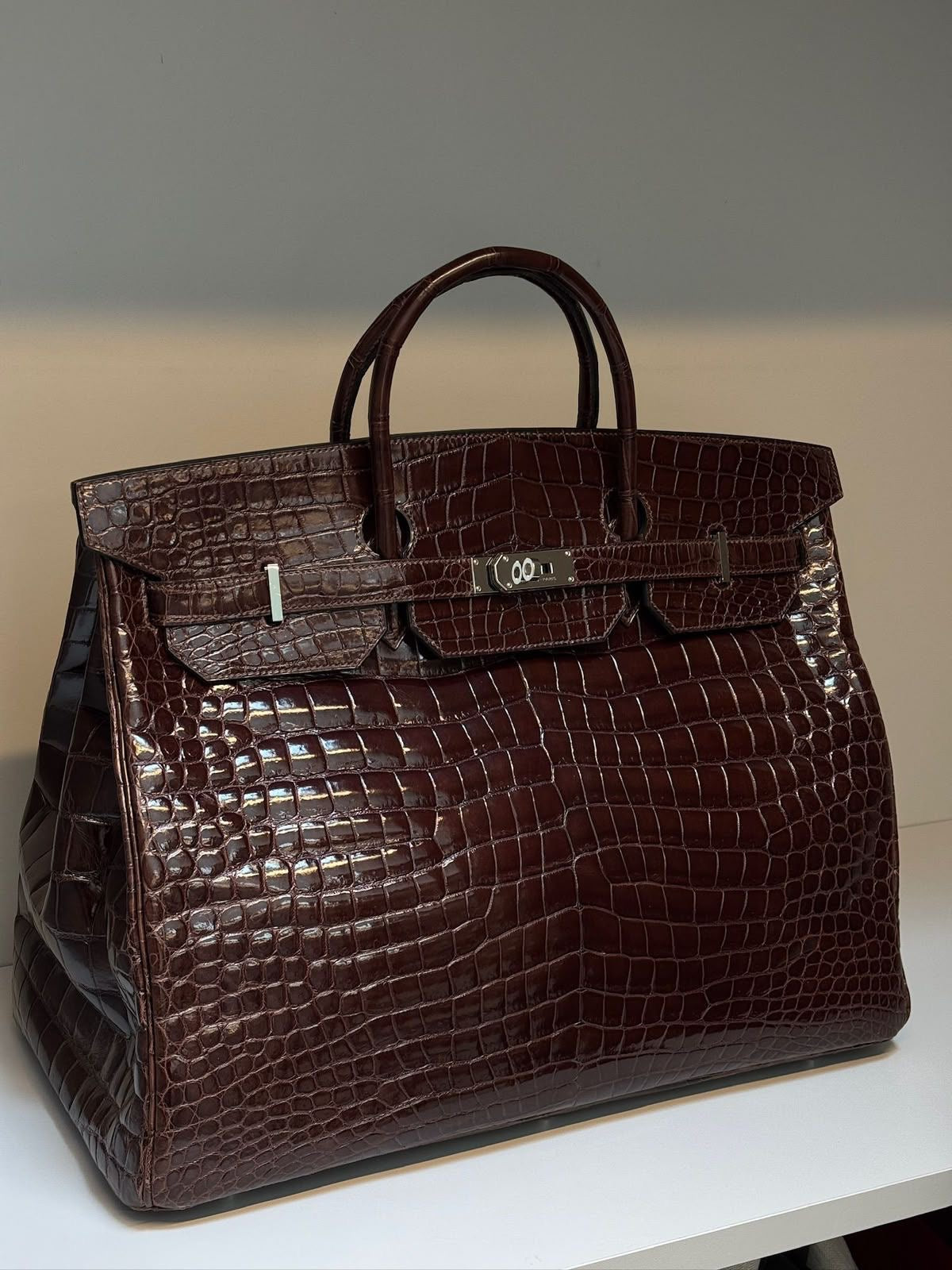 Hermes Birkin HAC 50 Brown shiny porosus crocodile leather palladium hardware