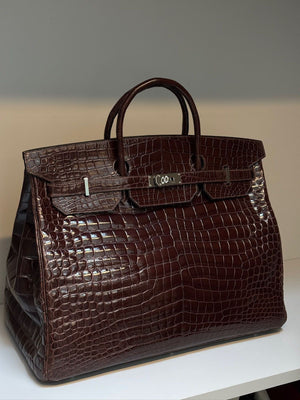 Hermes Birkin HAC 50 Brown shiny porosus crocodile leather palladium hardware