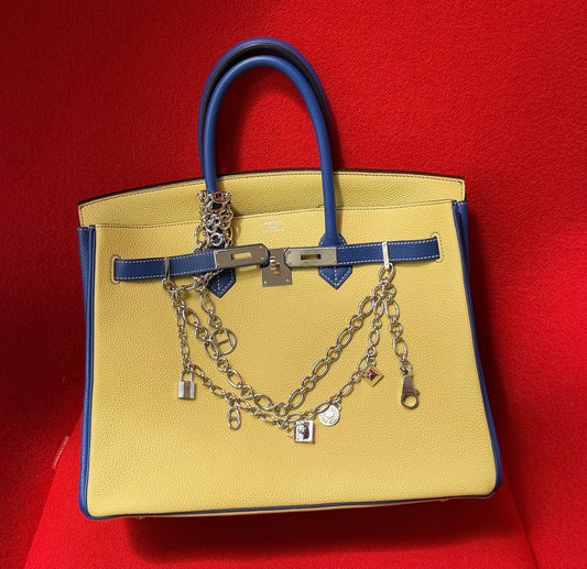 Hermès Birkin 35 Jaune poussin and Blue Electric Togo leather palladium hardware