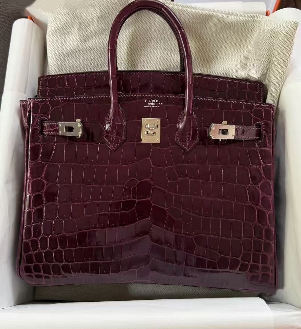 Hermes Birkin 25 5N Purple shiny porosus crocodile leather palladium hardware