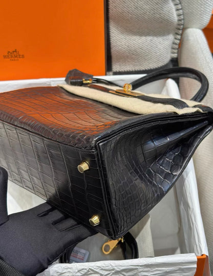 Hermes Kelly 28 black matte crocodile leather gold hardware