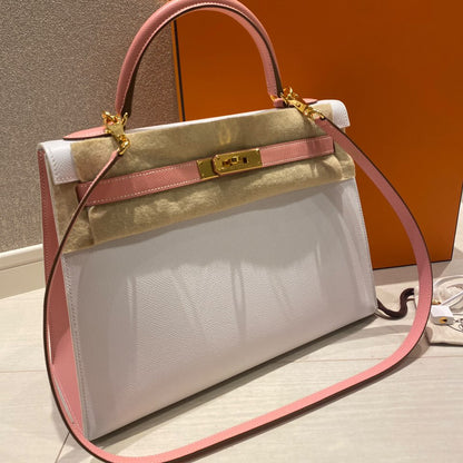 HERMES KELLY 32 SPECIAL ORDER WHITE & ROSE CONFETTI EPSOM LEATHER GOLD HARDWARE