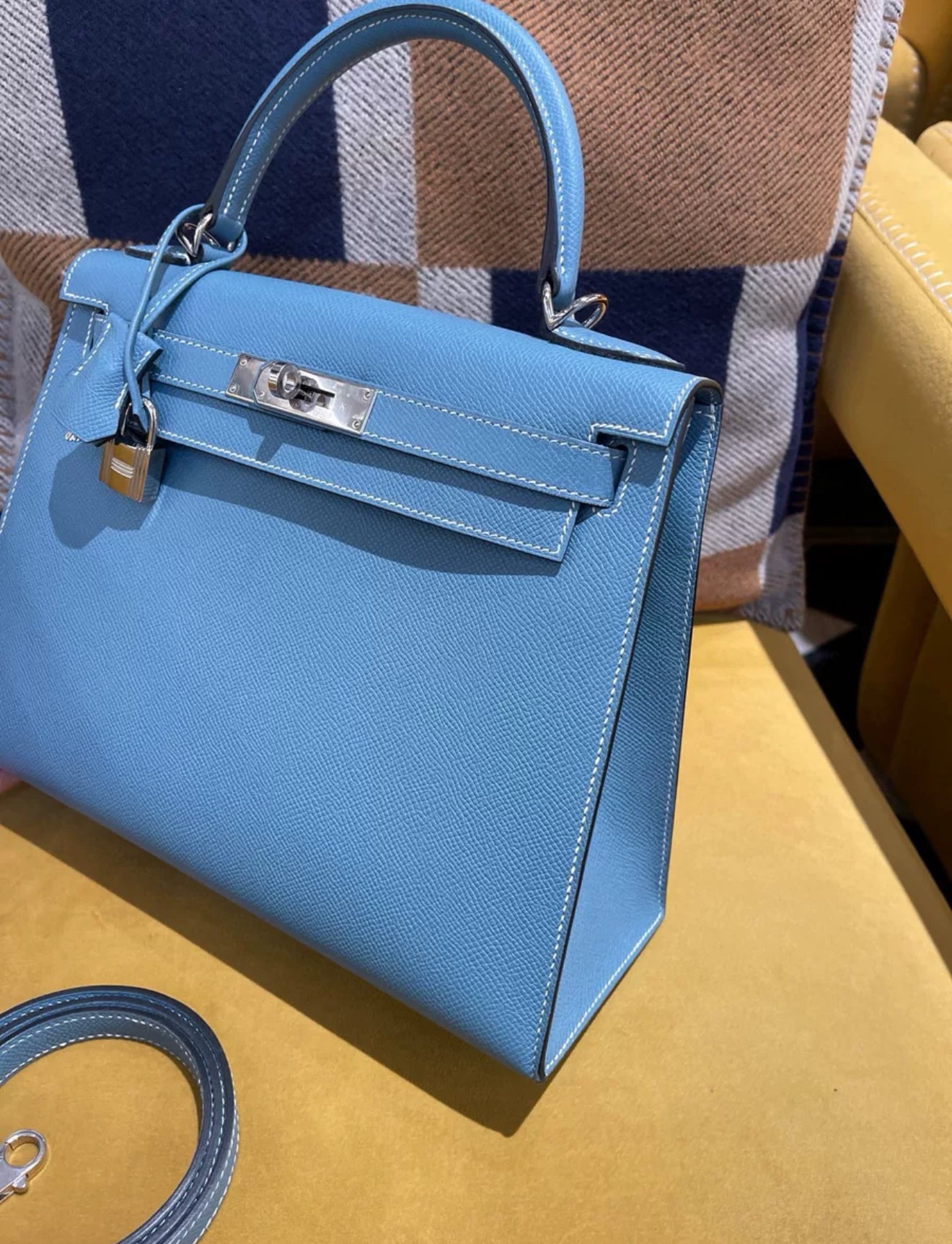 Hermes Kelly 28 Blue Denim Epsom Leather Palladium Hardware