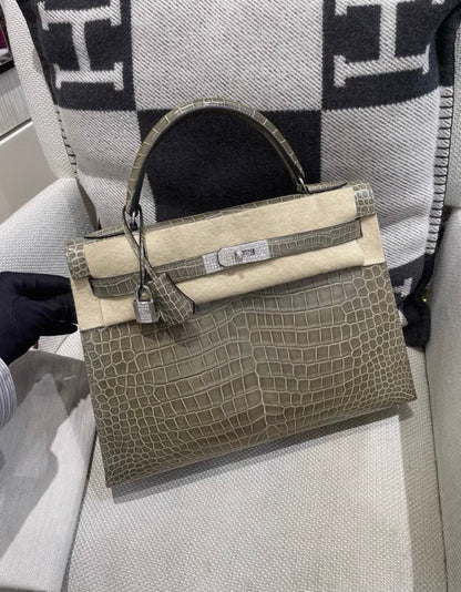 Hermes Kelly 32 Gris Shiny Crocodile leather white gold & diamond hardware