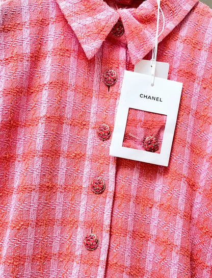 Chanel 24S orange and pink plaid dress
