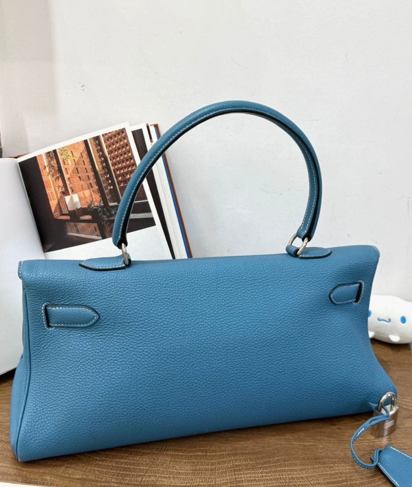 Hermes shoulder Kelly blue denim Togo leather palladium hardware