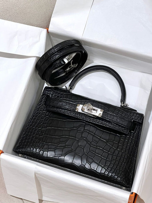 Hermes Mini Kelly 20 Black Matte Alligator Palladium Hardware