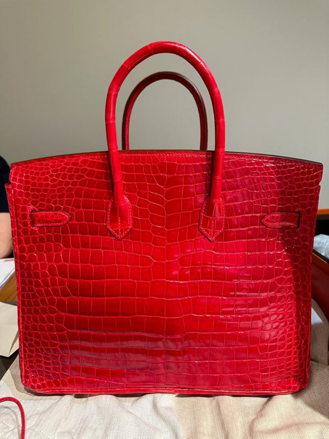 Hermès Birkin 35 Rouge Braise Shiny Porosus Crocodile 18K White Gold and Diamond Hardware