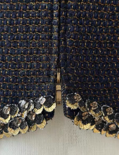 Chanel 19A Navy Blue & gold Embroidered Tweed dress