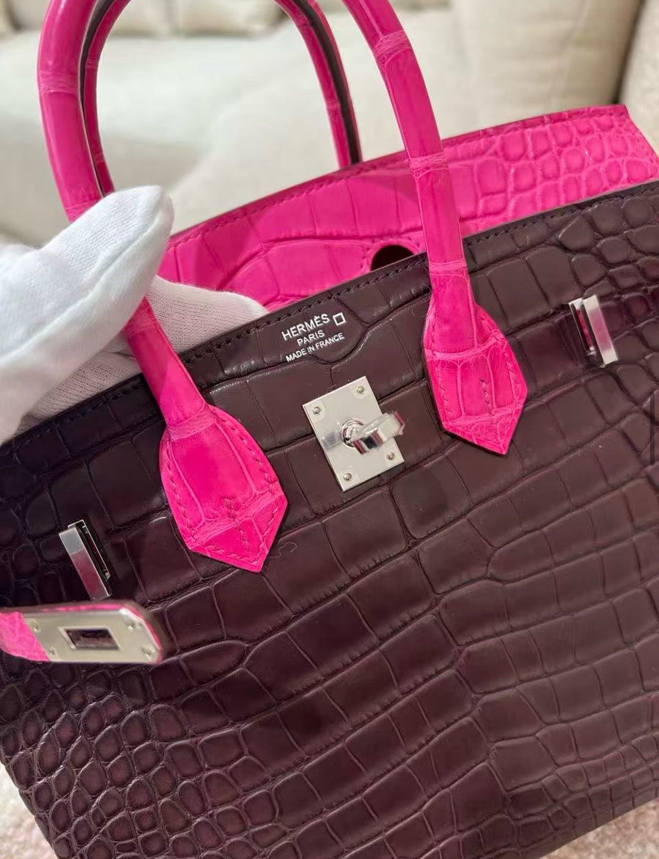 HERMÈS Birkin 25 Rouge Sellier Rose Shocking Matte Alligator Palladium hardware