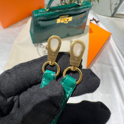 Hermes Mini kelly Green Emerald 6Q alligator leather gold hardware