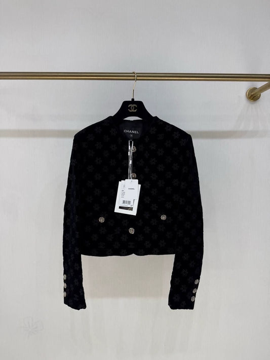 Chanel 22K black velvet jacket with double C diamond buttons