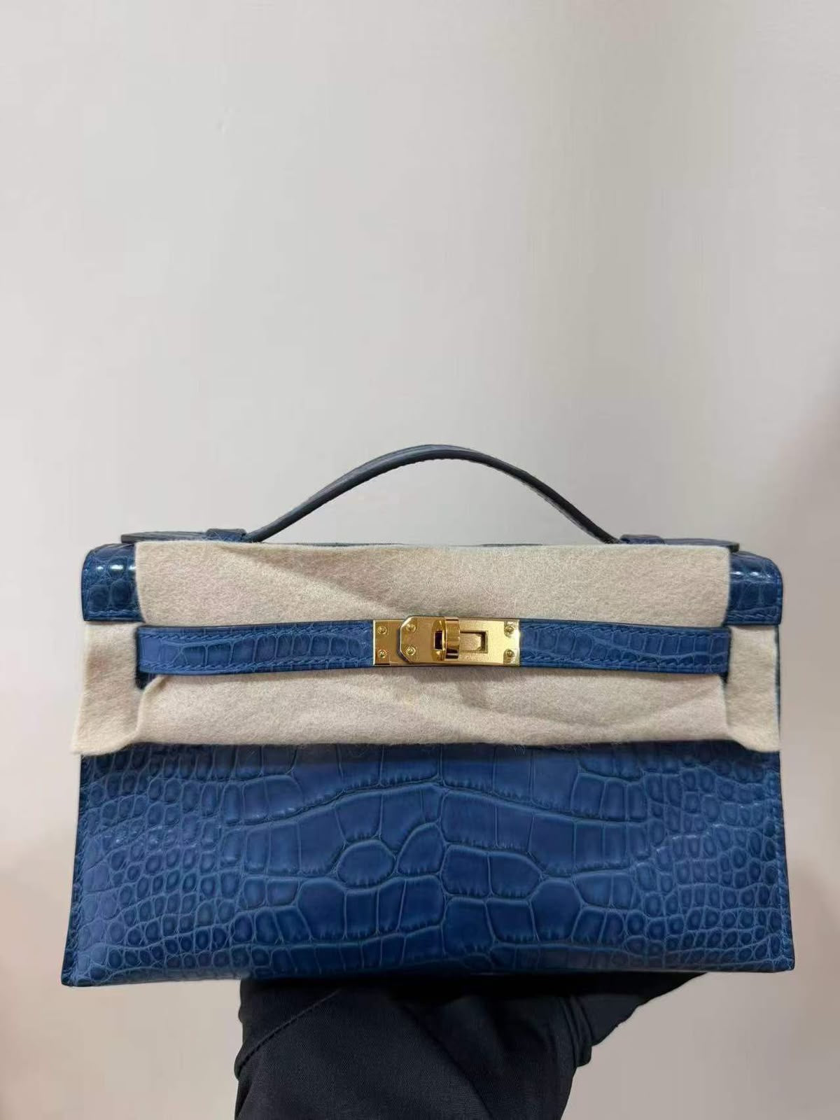 Hermes Kelly Pochette Blue Zellige Ghw Matte Alligator gold hardware