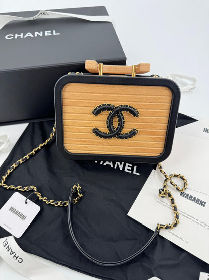 Chanel 2022 Beech Wood and Black Lambskin CC Vanity Case Brushed Gold Hardware