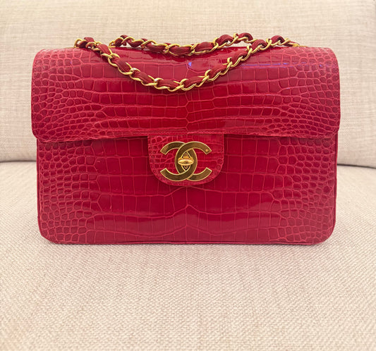 Rare Vintage Chanel Red Shiny crocodile leather maxi flap