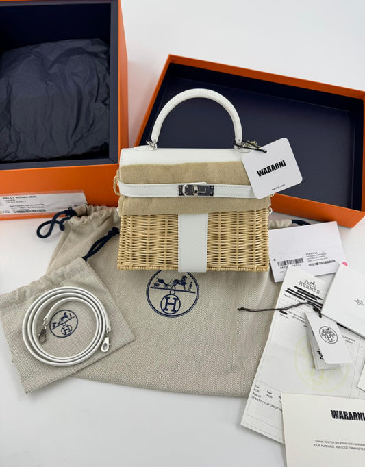 Hermès Mini Kelly 20 “Picnic” White Swift Leather & Palladium Hardware