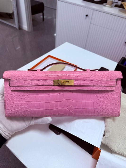 Hermes Kelly cut Bubblegum matt porosus crocodile leather gold hardware