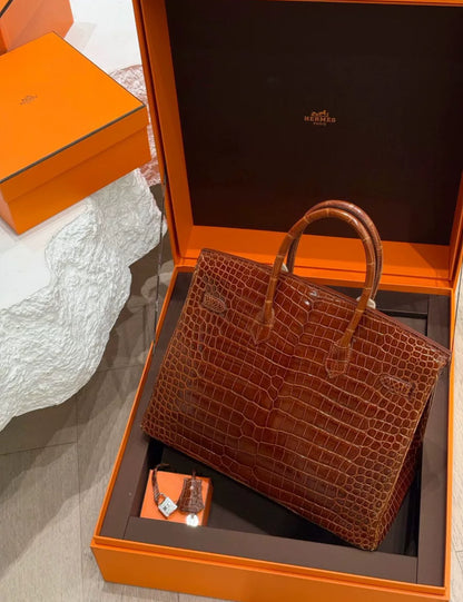 Hermes Birkin 35 Miel Honey Brown Shinny Crocodile Leather with Diamond Hardware