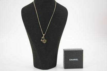 Chanel Vintage 02P Rhinestone Pink Heart Key Metal Necklace