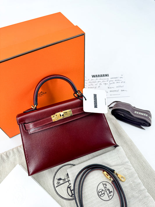 Hermès Mini Kelly Bordeaux Box Leather Gold Hardware Brand new