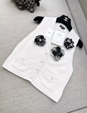 Chanel 23k white camellia cashmere vest