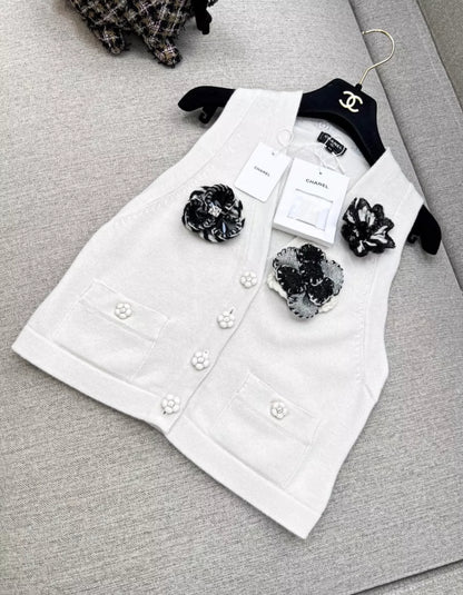 Chanel 23k white camellia cashmere vest