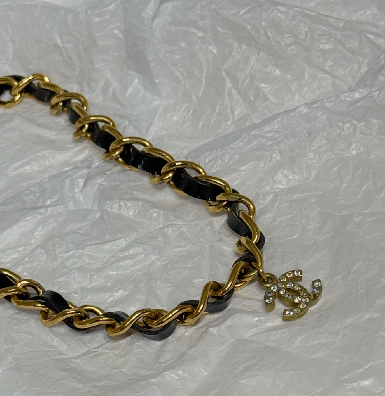 Chanel 95A Leather Chain Double C Diamond Necklace