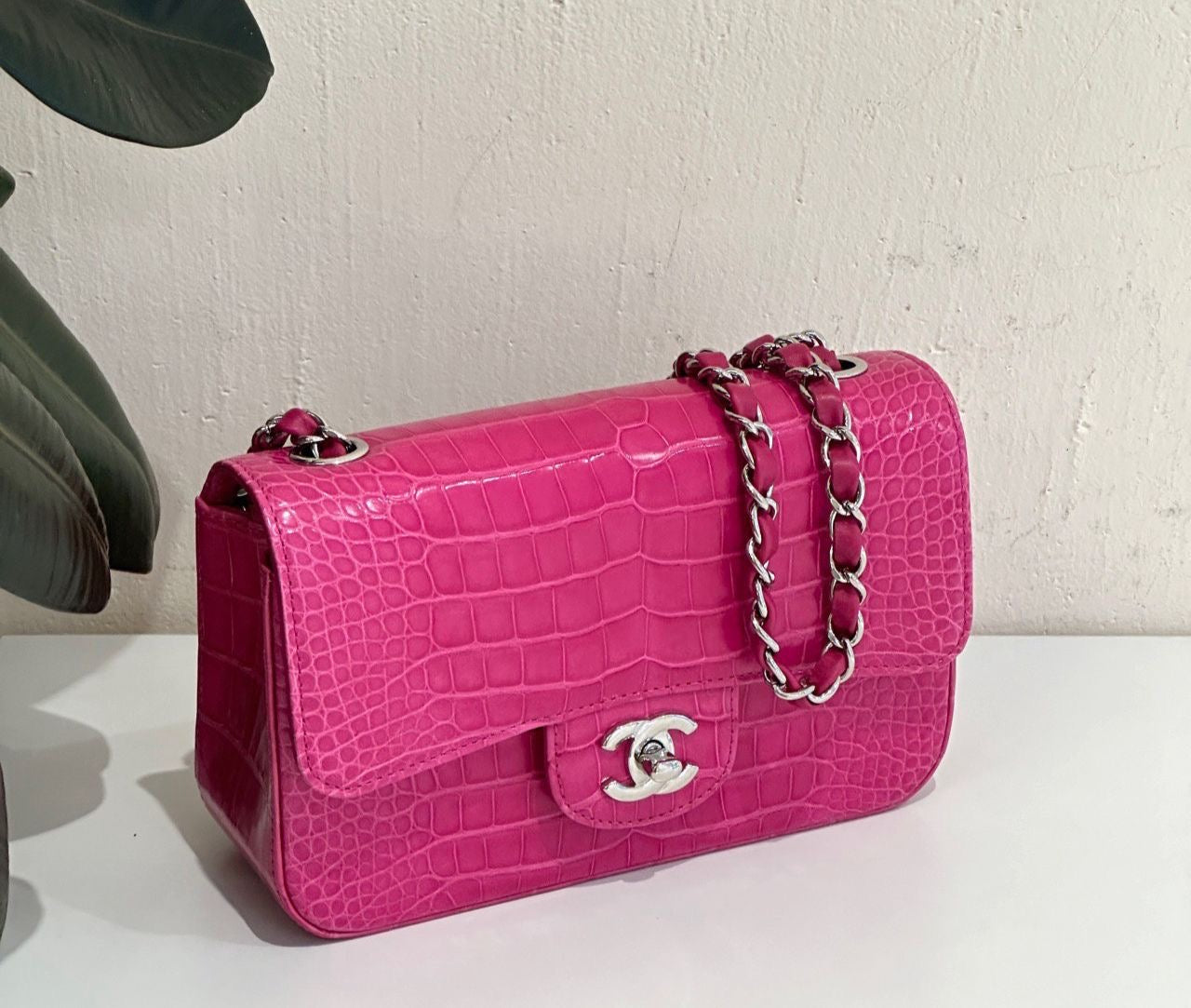 Chanel pink alligator leather mini flap silver hardware