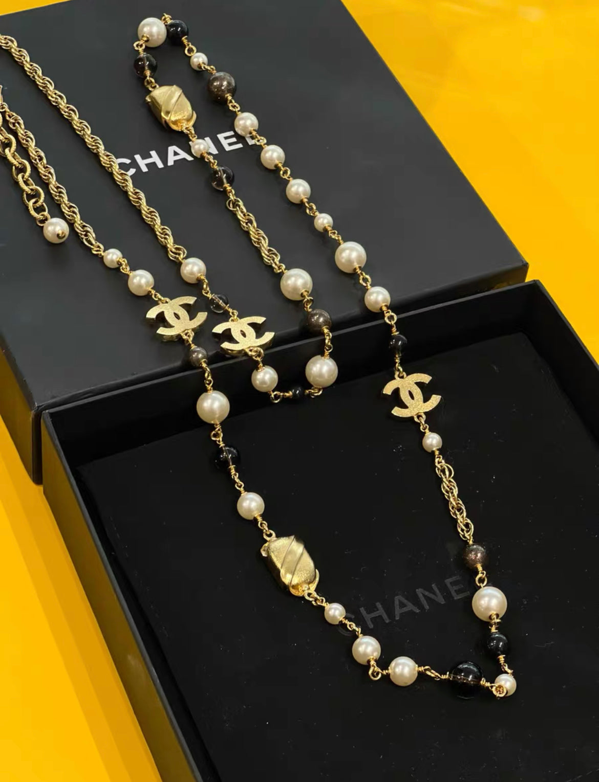 Chanel 22A Long Pearl CC Gem Stone Necklace