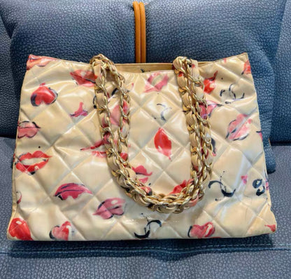 Chanel Coated Canvas Quilted Lips and Kisses Graffiti XL Tote Beige